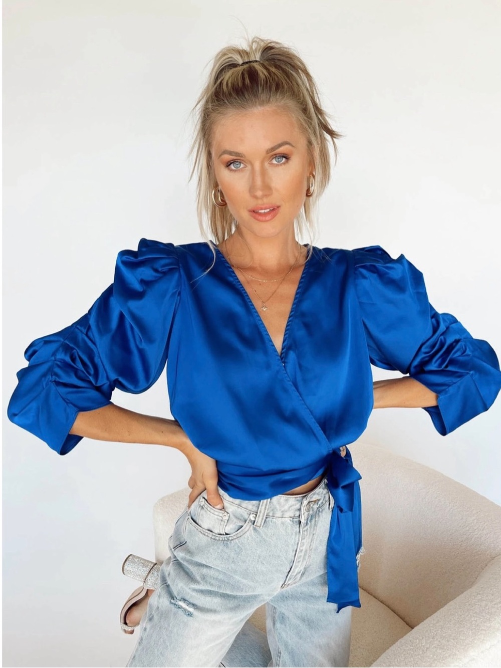 vestique Satin Royal Blue Puff-Sleeve Wrap Top